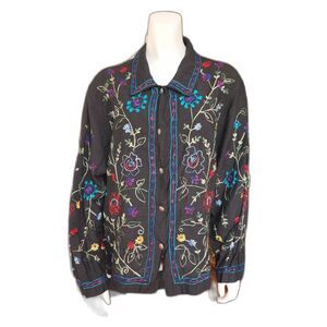 Tantrums Collection Black Embroided Long Sleeve Button Up Top Womens Size Large